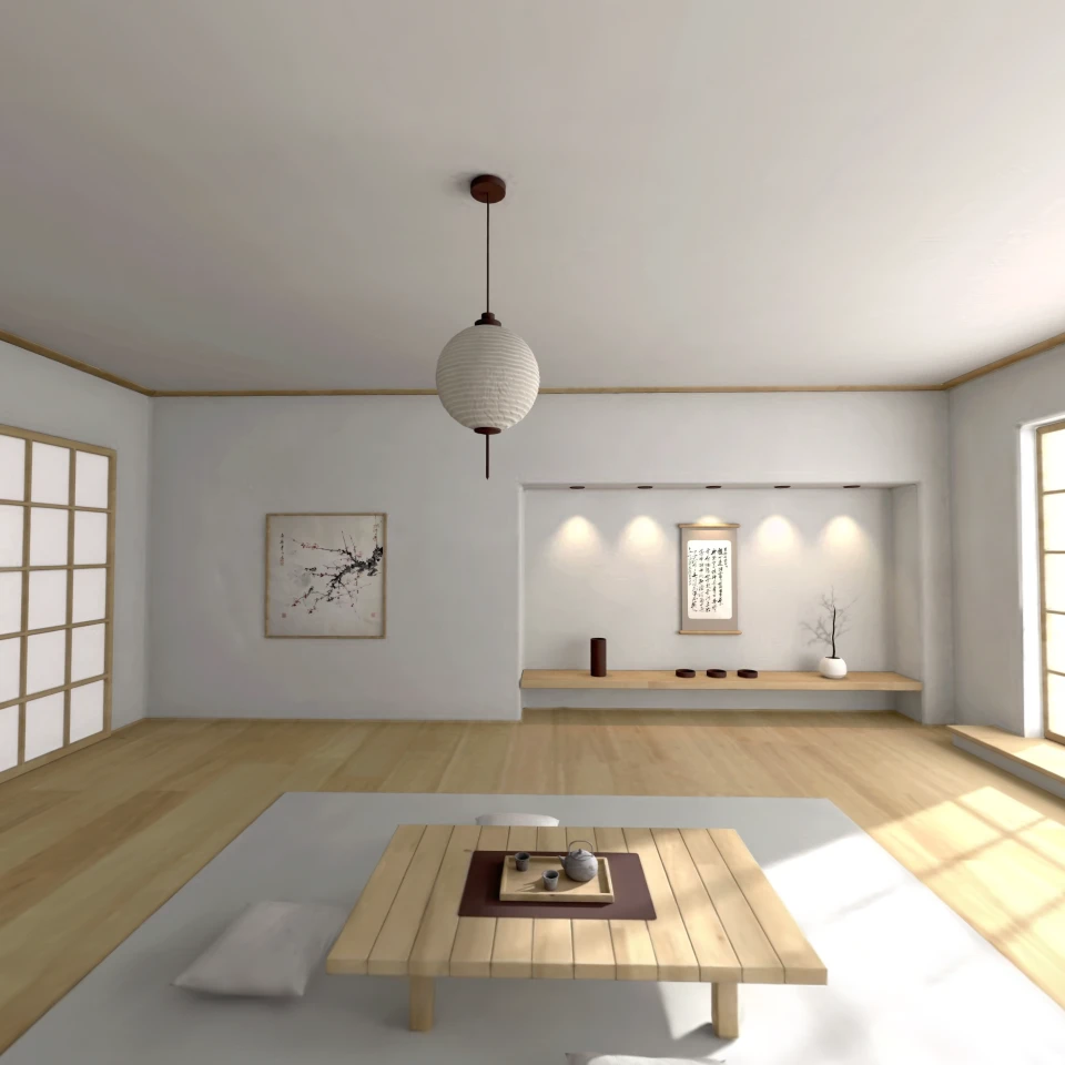 A sunlit Japanese style room with a low wooden table, paper lantern and garden light.