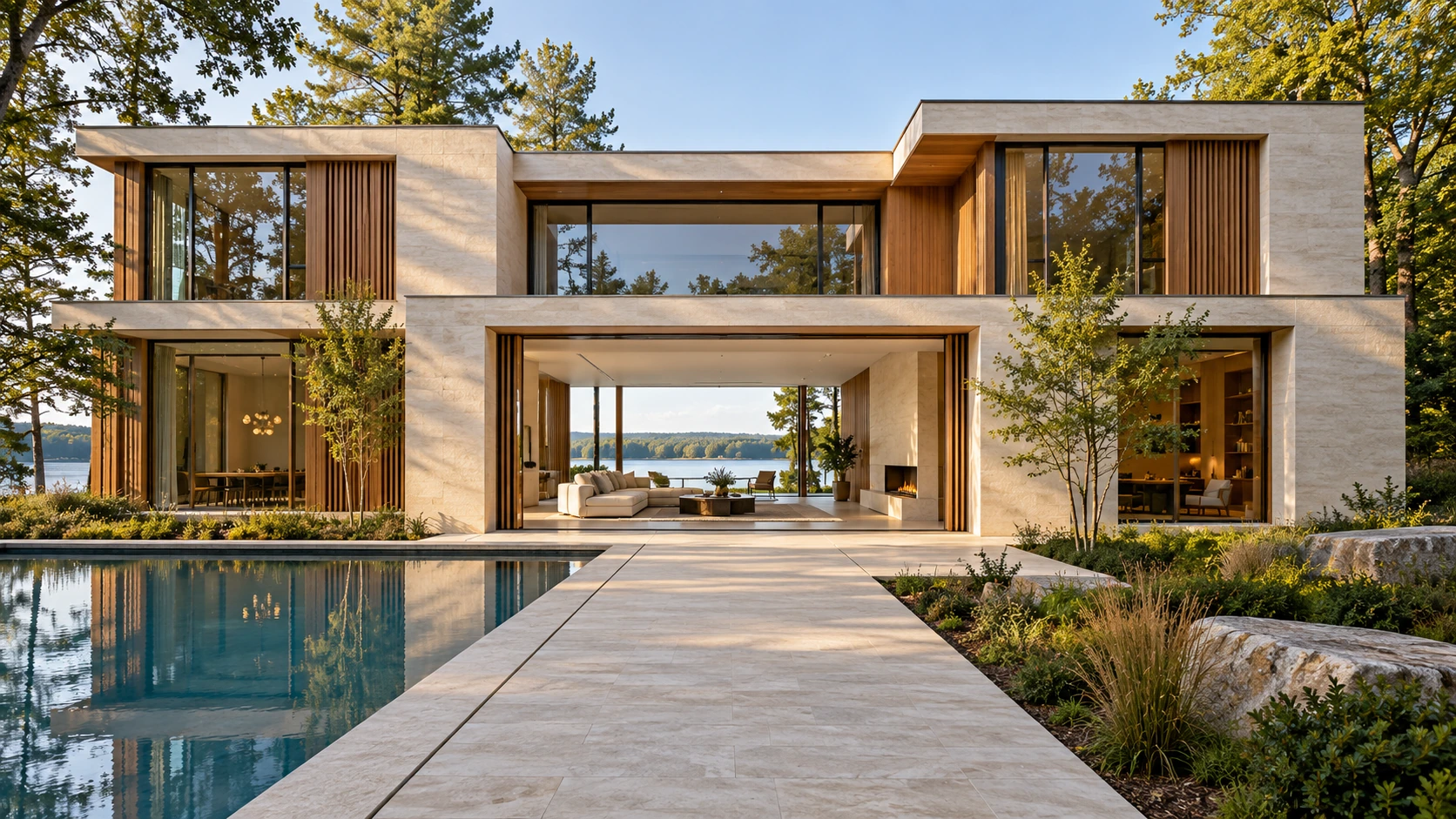 Cedar House concept: pale limestone and cedar beside a reflecting pool