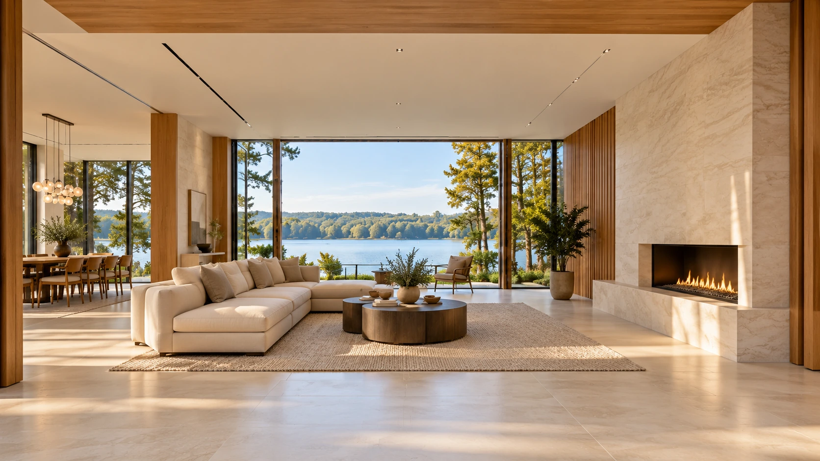 Cedar House concept interior with an ivory sofa and a stone fireplace